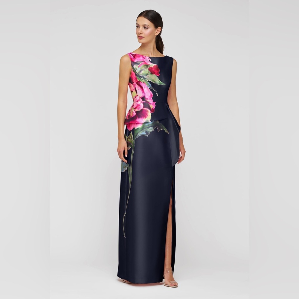 new Kay Unger Luciana column gown in midnight navy blue floral print - Picture 3 of 8